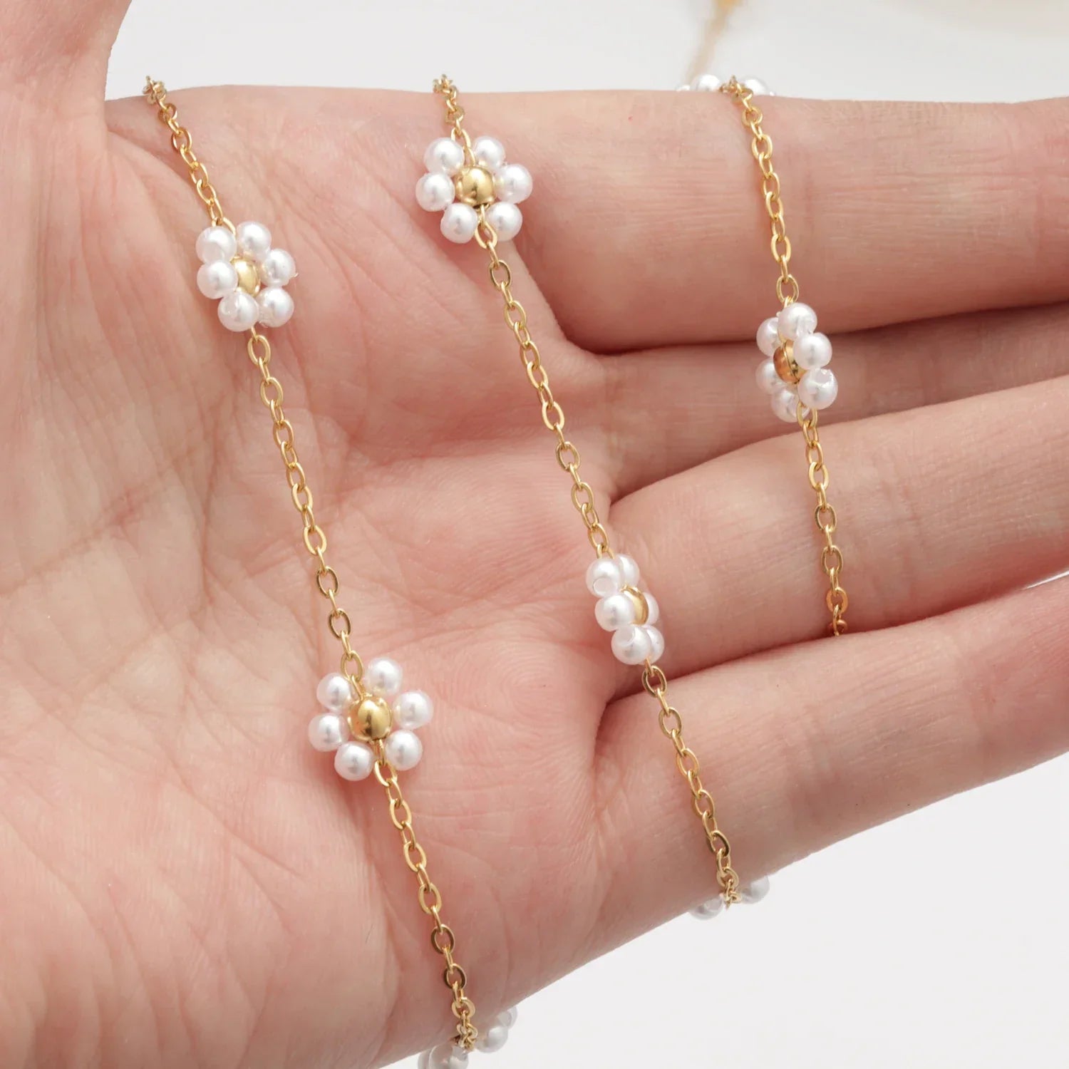 Chaîne satellite en acier inoxydable avec perles et fleurs pour bijoux à faire soi-même 