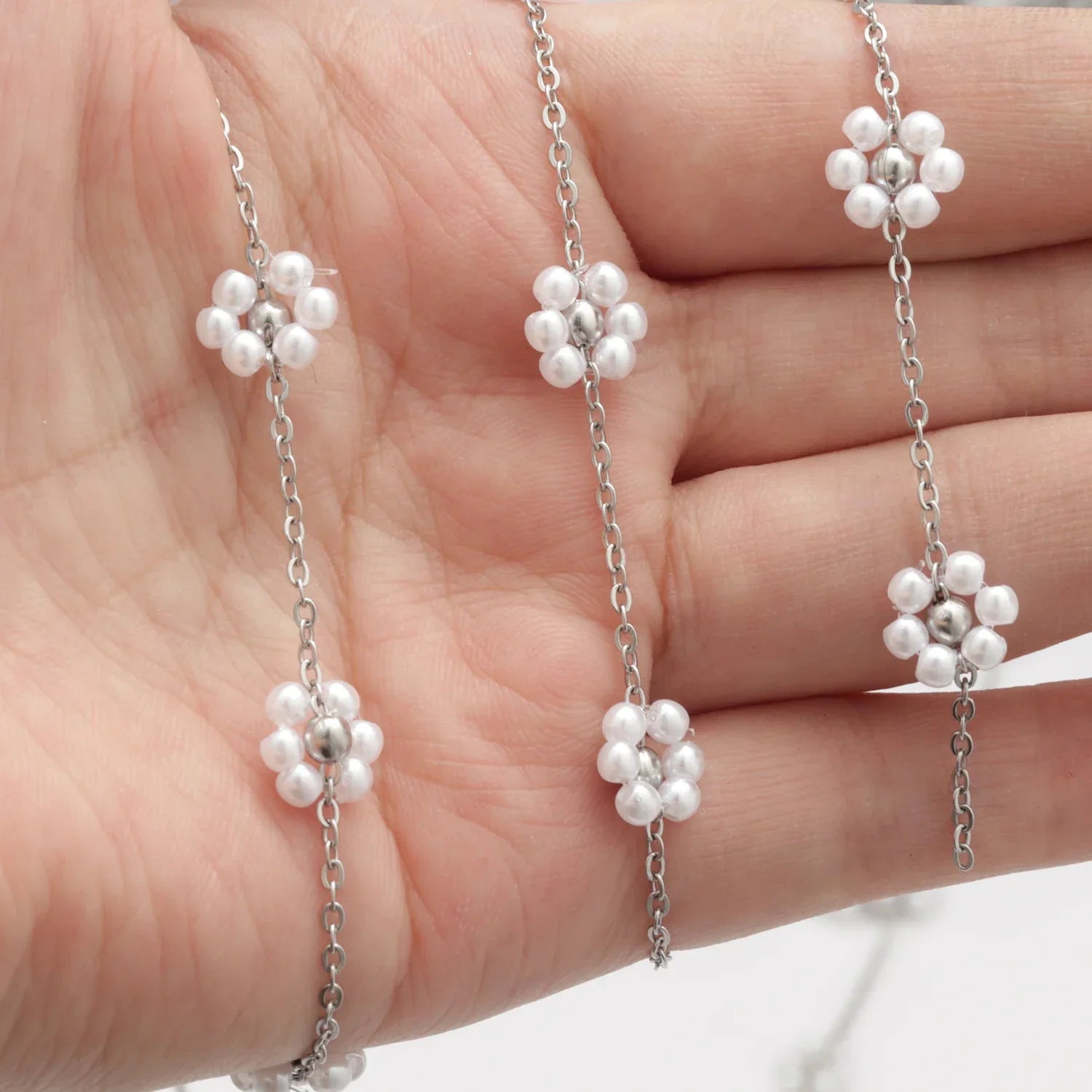 Meter Stainless Steel Pearl Flower Satellite Chain for DIY Jewelry