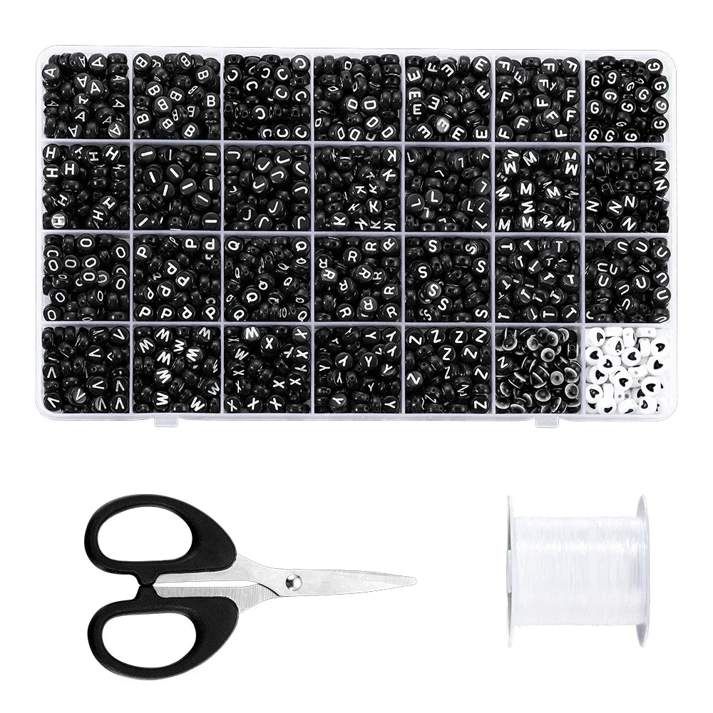 black  DIY Jewelry Box Kit with 1680 Letter Beads and Scissors B&W
