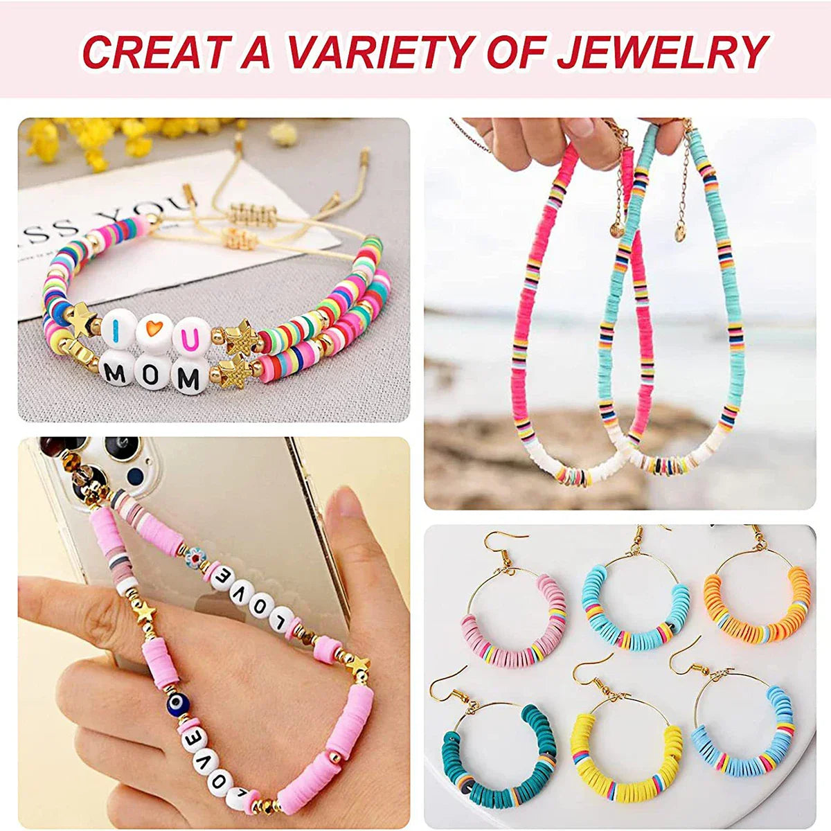 example of bracelets that you can make with 5000-Piece Colorful Clay Bead Box for DIY Jewelry
