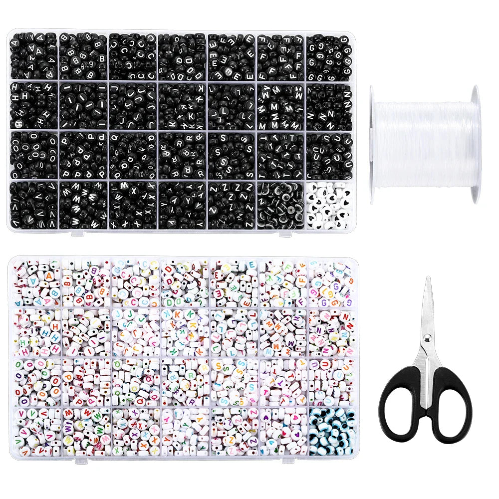  DIY Jewelry Box Kit with 1680 Letter Beads and Scissors B&W