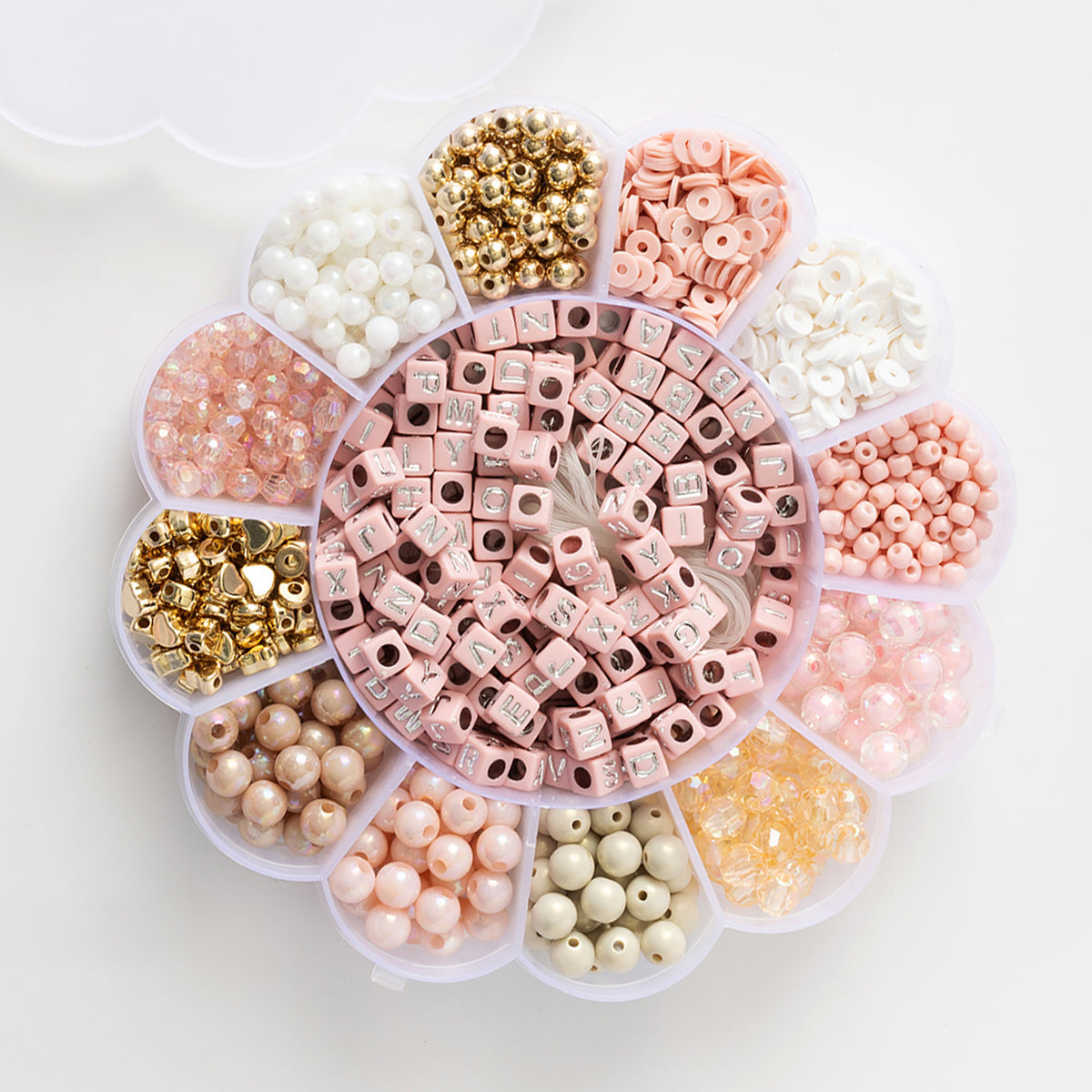 Coffret de perles Heishi en polymère et lettres majuscules métallisées rose blush